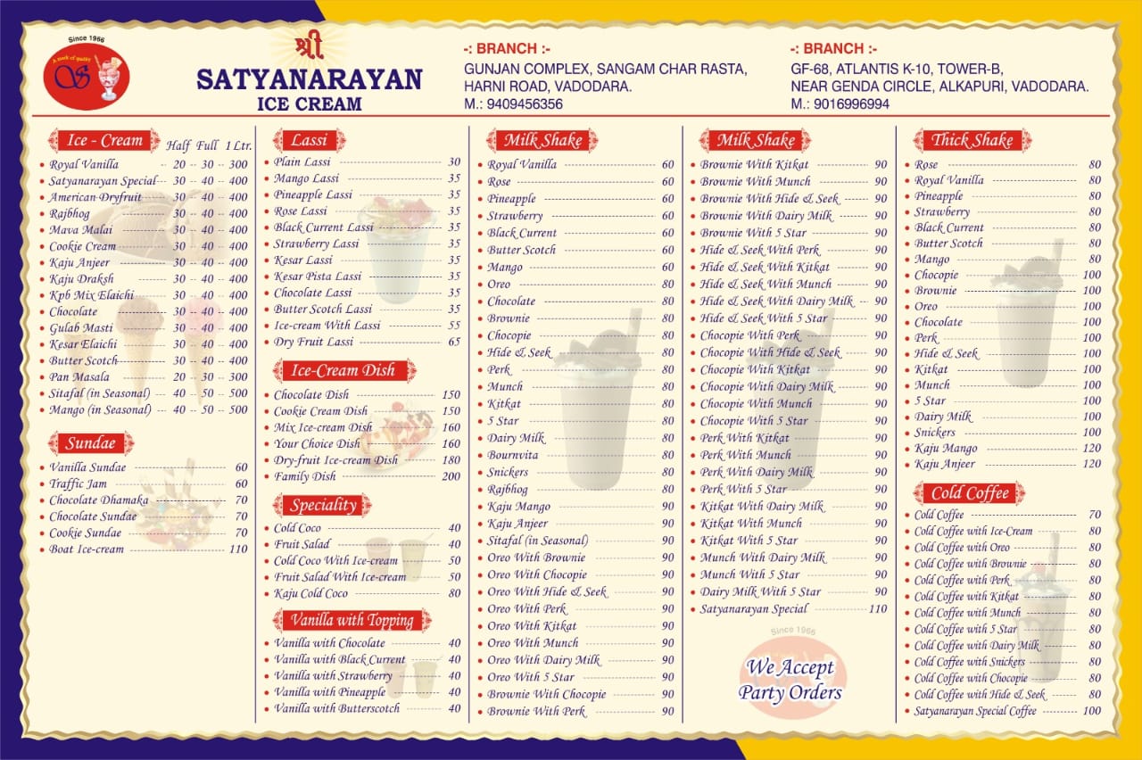 Satyanarayan Ice Cream Official Menu Card